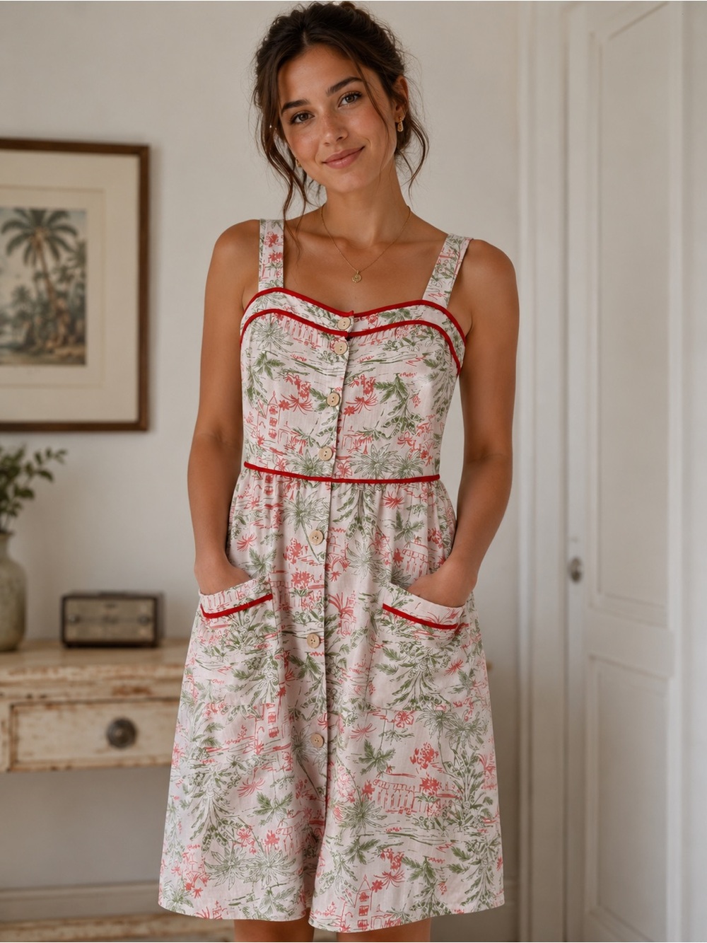 Monteau Linen Blend Toile Pocket Button Front Dress Sz-S Kitsch Tropical
